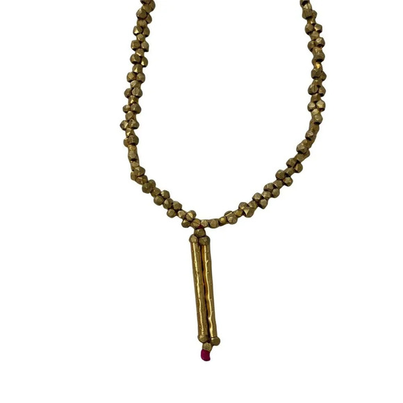 Handmade Dhokra Style Necklace Pink Thread & Brass Beading - Picture 2 of 3